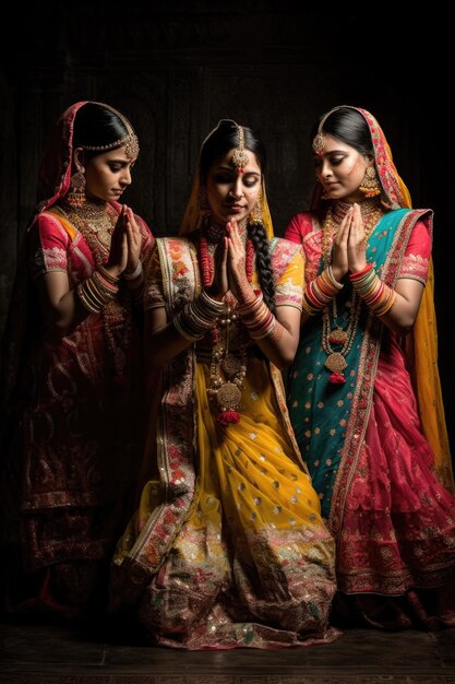 Three colorful indian dancers performing a traditional ritual created with generative ai