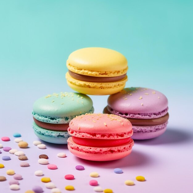 three colorful macarons are on a purple table.