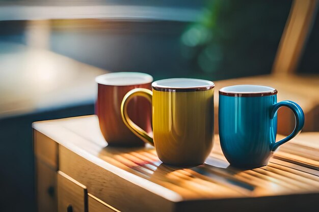 three colorful mugs are on a table one of which has the word  on it