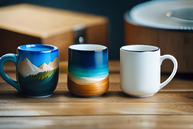 Photo three colorful mugs with mountains on the top.