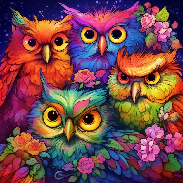 three colorful owls are sitting on a branch of flowers generative ai