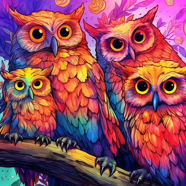 three colorful owls sitting on a branch with a colorful background generative ai
