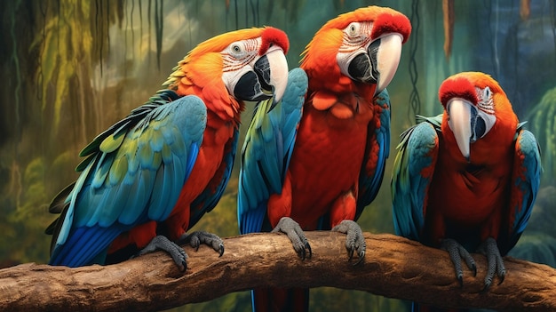 동물원 생성 인공 지능의 나뭇가지에 앉아 있는 세 마리의 화려한 앵무새