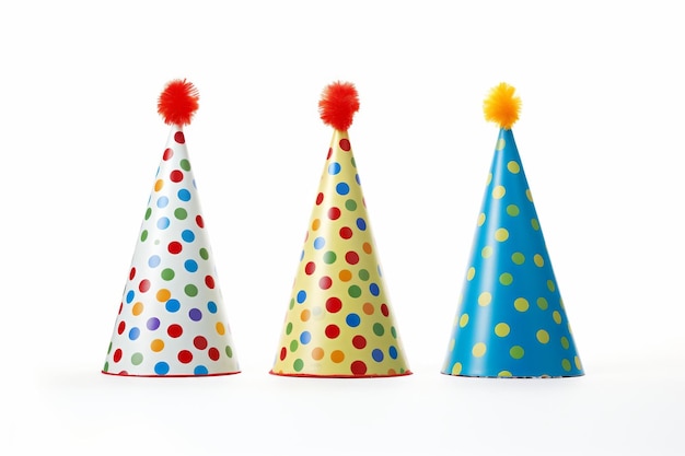 Three Colorful Party Hats With Pom Poms On a White or Clear Surface PNG Transparent Background