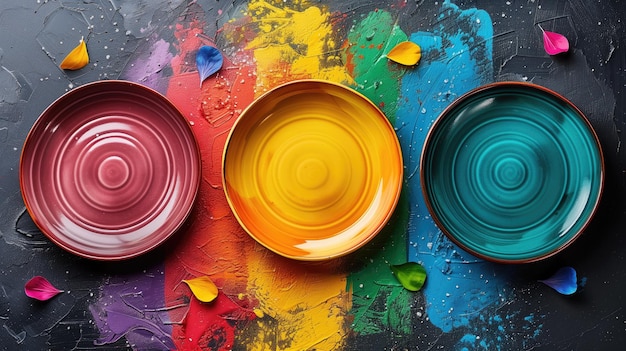 Three colorful plates on textured background closeup