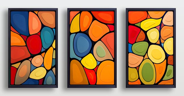 Three colorful posters in frame with geometric abstract art in the style of organic shapes