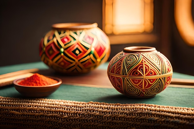 Photo three colorful pots sit on a table with a bowl of food in front of them.