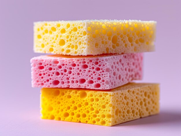 Three colorful sponges stacked on purple background