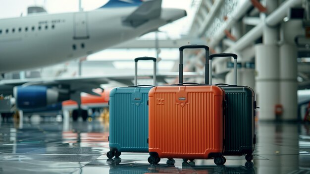 Three colorful suitcases in an airport with an airplane in the background