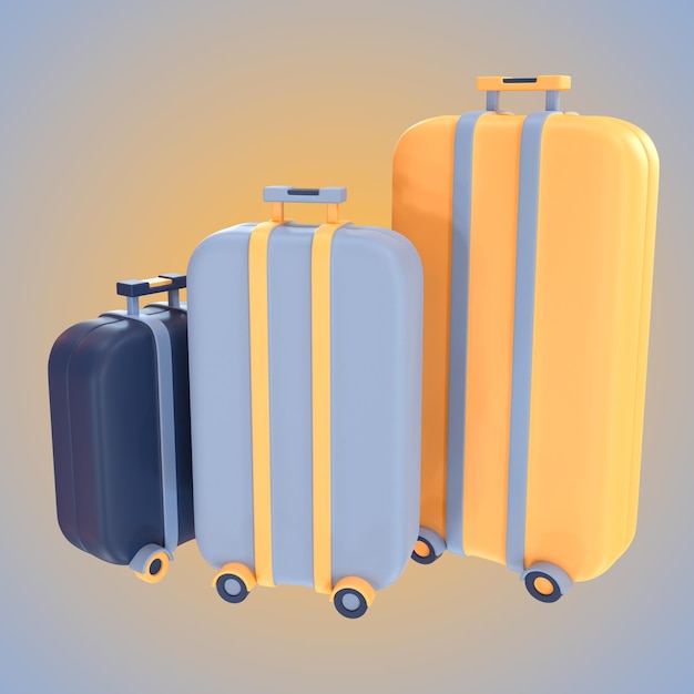 Three colorful suitcases with wheels 3d illustration