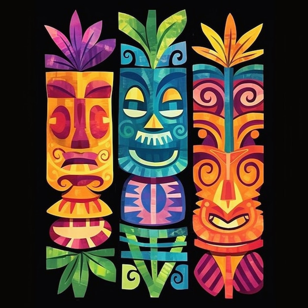 three colorful tiki masks with leaves and leaves on them generative ai