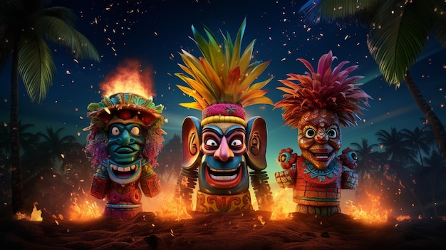 Three colorful tiki statues are standing in front of a fire generative ai