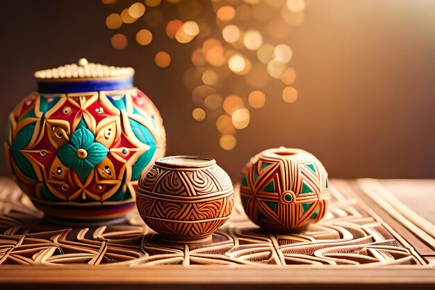 Photo three colorful vases are on a mat with a pattern of a bird on the front.