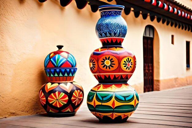 Three colorful vases are sitting on a wooden table