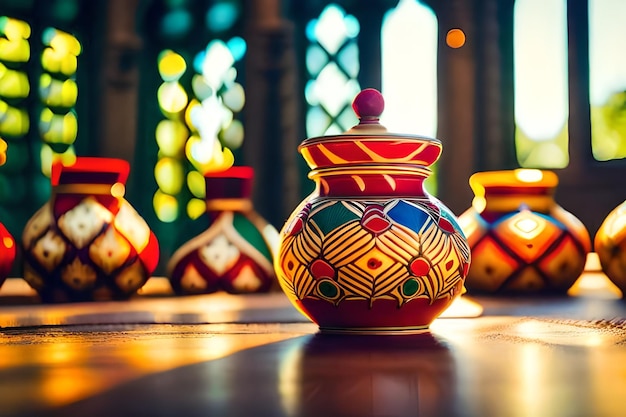 three colorful vases are on a table with one that has the number 3 on it