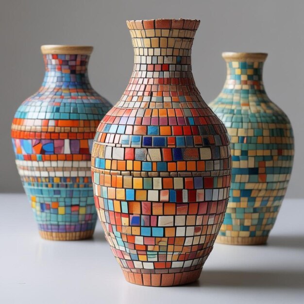 three colorful vases with different colors and shapes on them