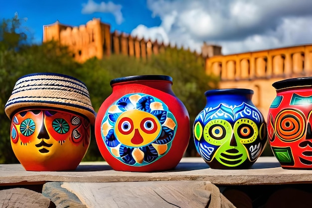 Photo three colorful vases with a face and the word owl on them.