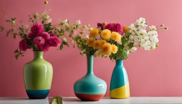 three colorful vases with flowers in them are on a table