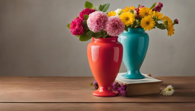 Photo three colorful vases with flowers in them one of which is a vase with a book on a book