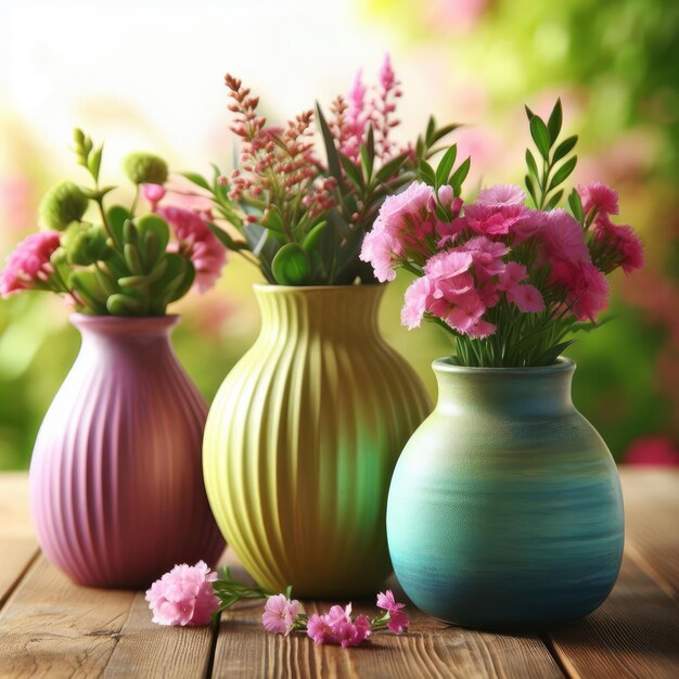 Photo three colorful vases with flowers in them on a wooden surface with a background of green foliage