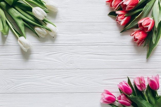 Three colors of tulips on a white wooden background. Mothers day concept, top view.