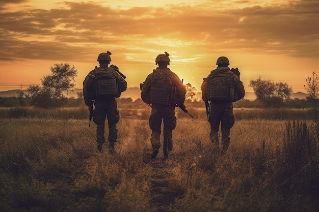 写真 フィールド上の 3 人の戦闘兵士 生成 ai