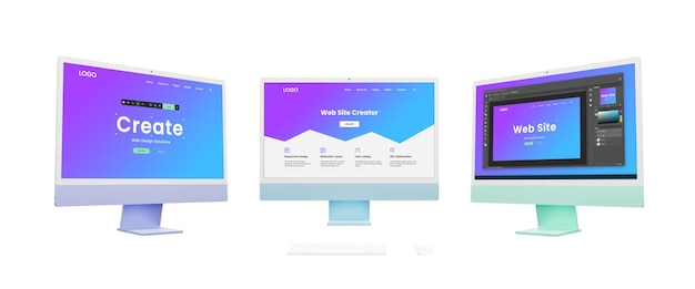 Фото Три компьютерных дисплея демонстрируют инструменты создания веб-дизайна и концепции интерфейса, предлагающие обзор