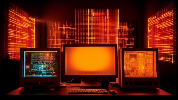 Three computer monitors are on a desk with a lit up screen that says'cybersecurity '