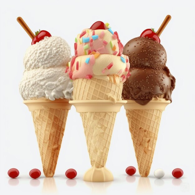 Three cones of ice cream with one with a cherry on top.