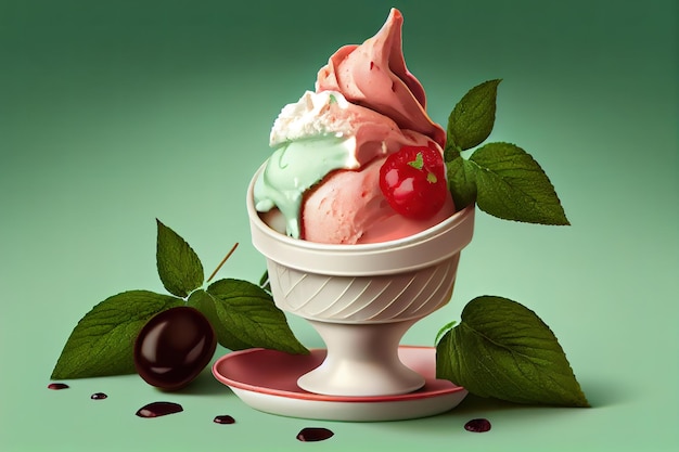 Three cones of ice cream with sprinkles and strawberries Generative Ai