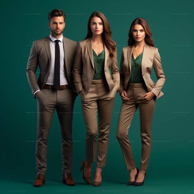 Three confident business man and women standing office background