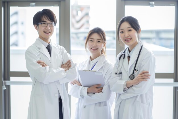 Photo three confident doctors in white coats