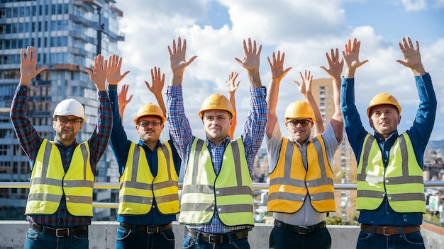 three construction workers with their hands up in the air