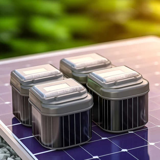 Three containers on a solar panel with the letter n on them.