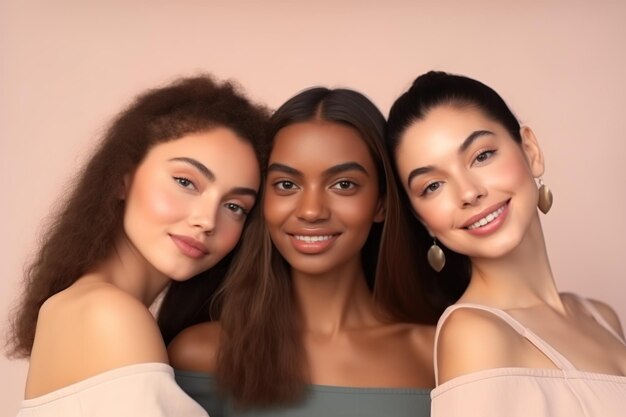 Photo three cool confident pretty gen z girls looking at camera posing for beauty portrait