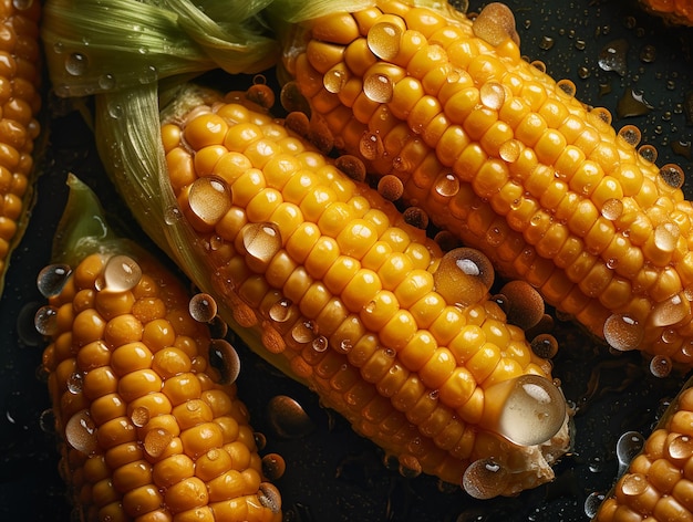 Three corn on the cob with water drops