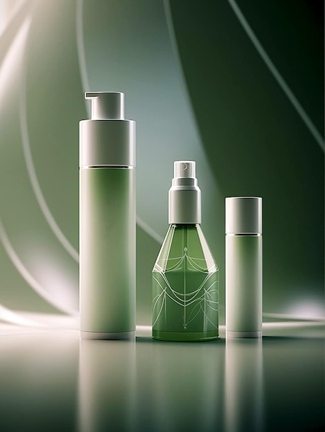 Three cosmetic product mockups on green background ai generated