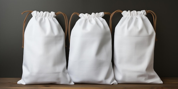 Foto tre sacchetti ecologici di cotone confezionati sacchetto bianco di tessuto con maniglia per lo shopping mockup di pacchetti di tela vuoti sacchetti eco ecologici tessili riutilizzabili isolati