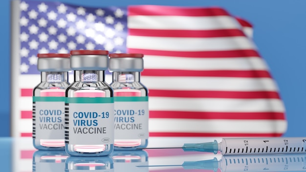 Photo three covid-19 virus vaccine bottles and  a syringe with a needle on a flag of the united states of america surface