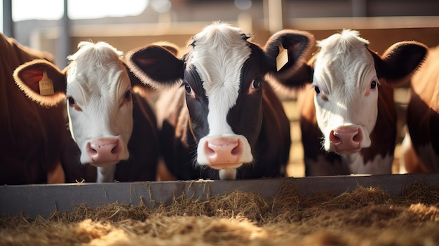 Photo three cows black and white group together in a field happy and joyful and a blue sky a wide view looking shy and curious ai generated image