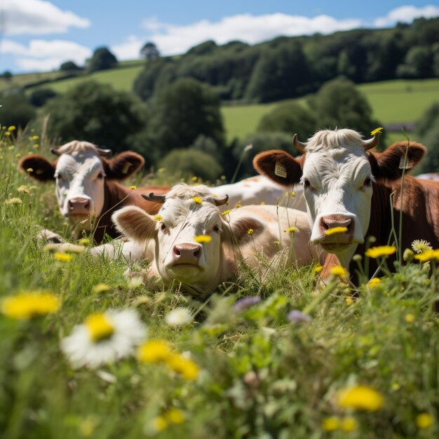 Photo three cows lying in a green field looking at the camera