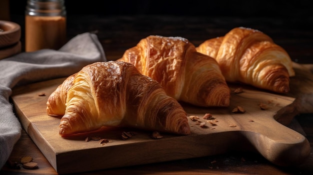 Three croissants on a wooden cutting board