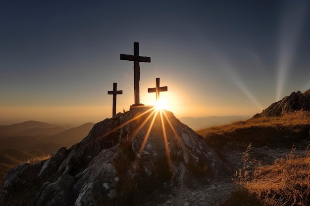 Three cross on the mountain with sun light belief faith and spirituality crucifixion and resurrection of Jesus Christ at Easter generative AI