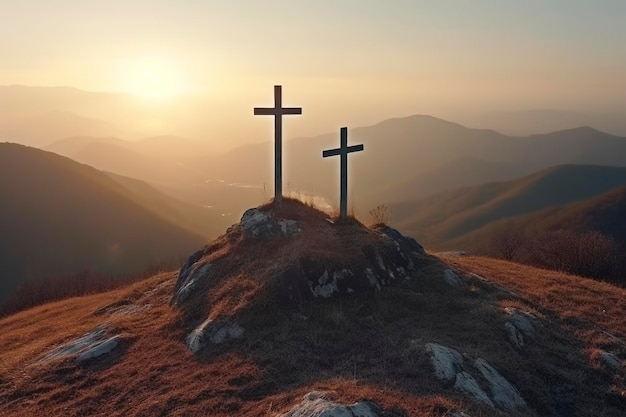 Три креста на горе с солнечным светом, верой, верой и духовностью, распятием и воскресением Иисуса Христа на Пасху, генеративный ИИ