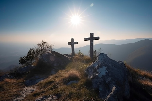 Three cross on the mountain with sun light belief faith and spirituality crucifixion and resurrection of Jesus Christ at Easter generative AI