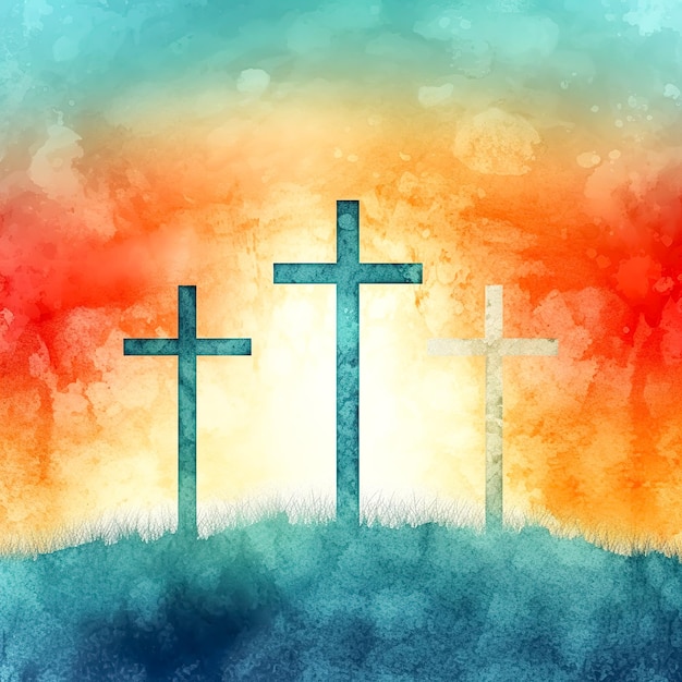 Photo three crosses on a blurred colored background generative ai