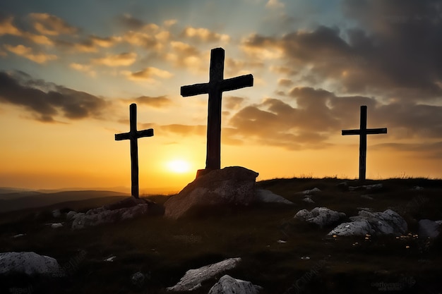 Three crosses on a hill with the sun setting behind them