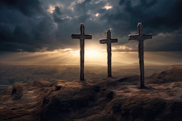 Three crosses on a hill with the sun behind them