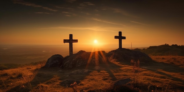 Three crosses at sunset