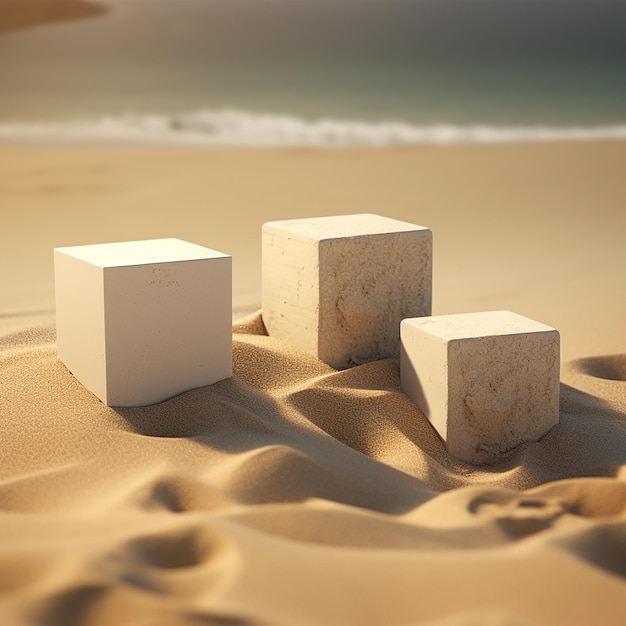 three cubes are placed in the sand on a beach.